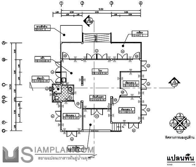 แบบบ้านชั้นเดียว 3 ห้องนอน 1 ห้องน้ำ