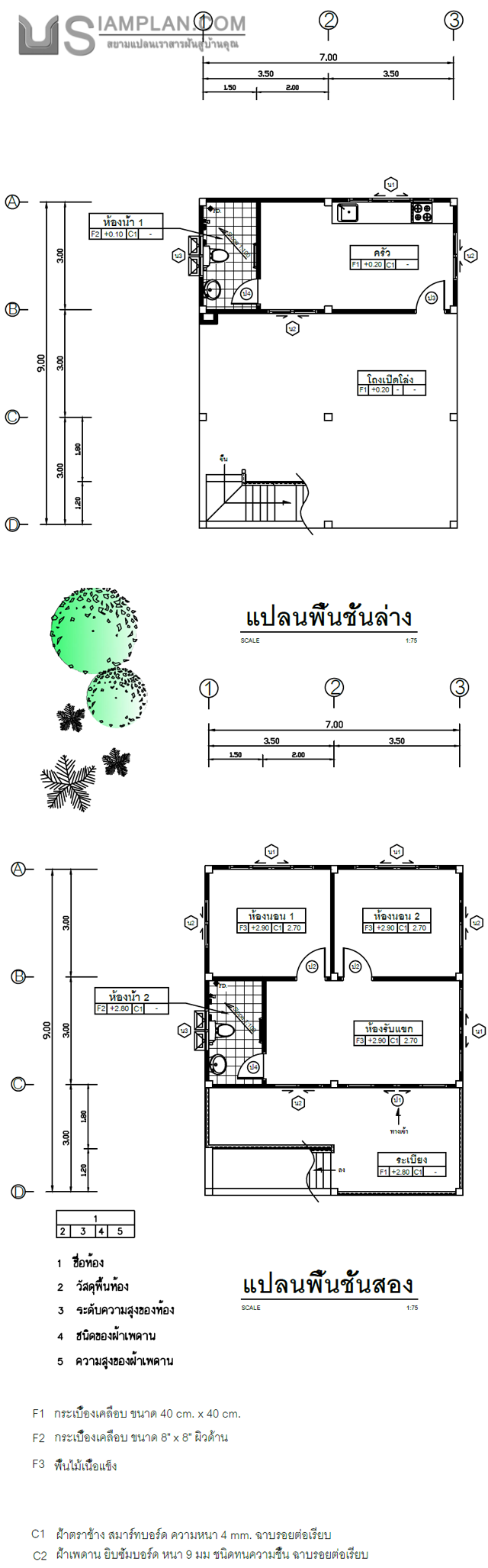 แปลนพื้น บ้านสองชั้น 2
 ห้องนอน 2 ห้องน้ำ