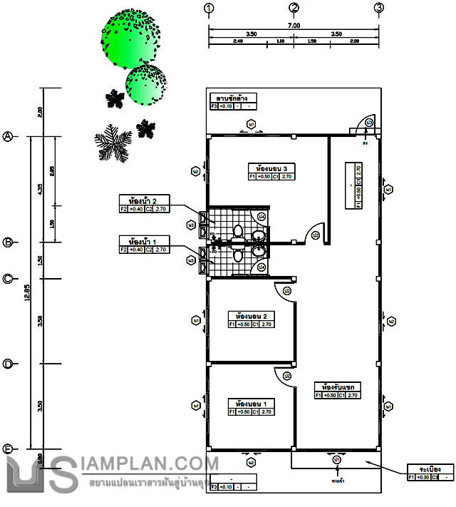 แปลนพื้น บ้านชั้นเดียว 3
 ห้องนอน 2 ห้องน้ำ