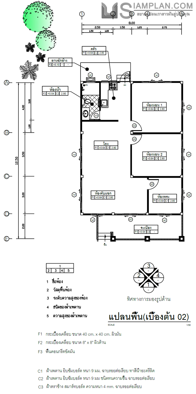 แปลนพื้น บ้านชั้นเดียว 2
 ห้องนอน 1 ห้องน้ำ