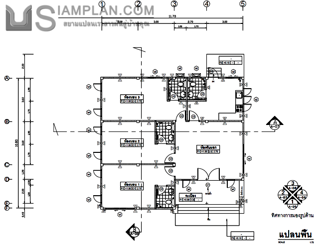 แปลนพื้น บ้านชั้นเดียว 3
 ห้องนอน 4 ห้องน้ำ