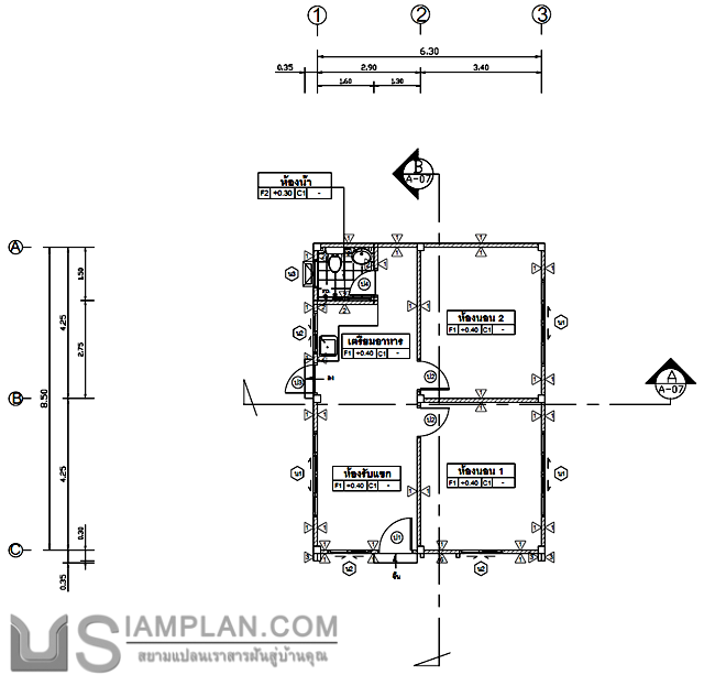 แปลนพื้น บ้านชั้นเดียว 2
 ห้องนอน 1 ห้องน้ำ